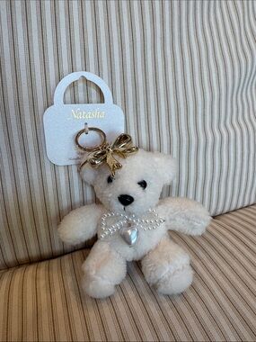 Natasha white plush teddy bear keychain bag charm NWT